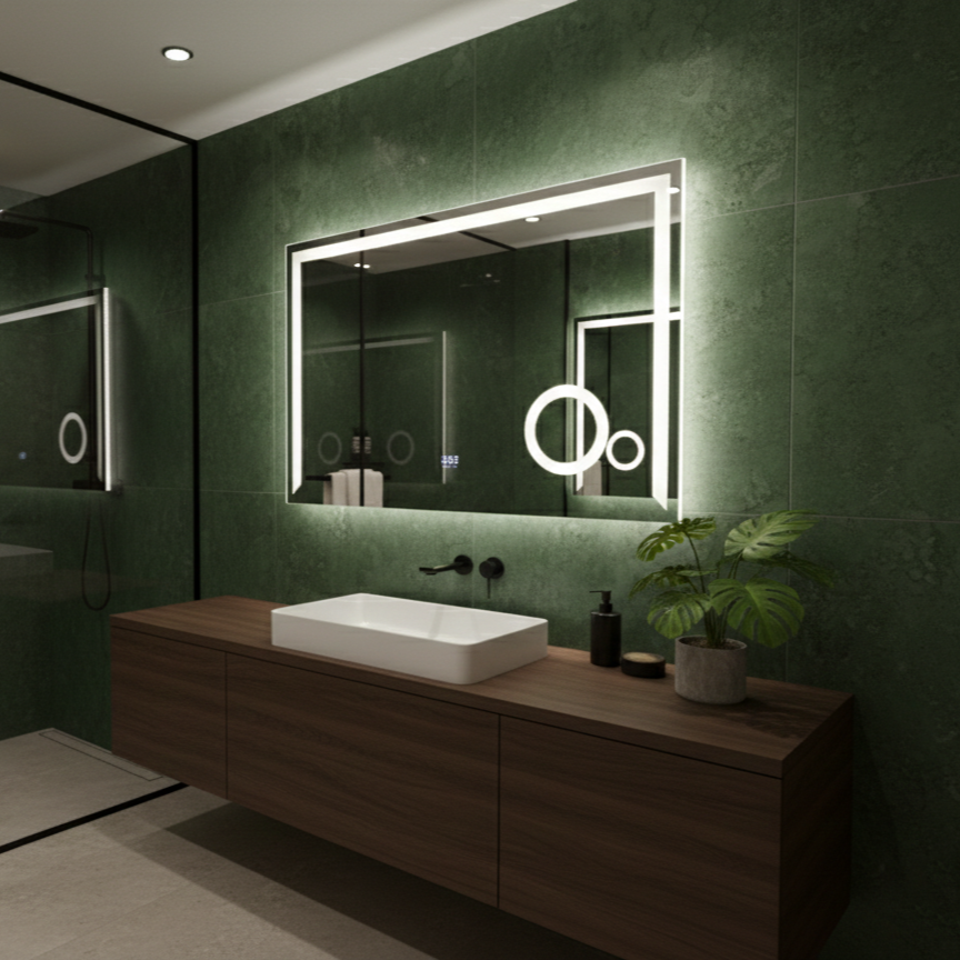 Oglinda LED CONTORNO - 80x60 cm 3 Lumini, Senzor, Lupa Cosmetica, Dezaburire si Ceas