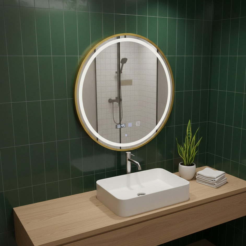 Oglinda LED Rotunda AURA Rama Aurie 60cm Functie Dezaburire, Touch si 3 Lumini