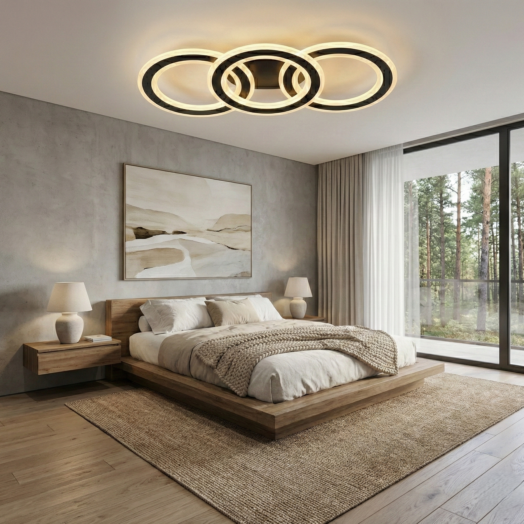 Lustra LED Triple Circle GRIDLINE Neagra Echivalent 500W Telecomanda