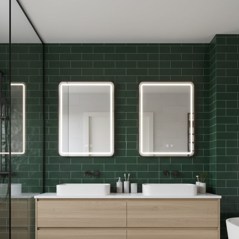 Oglinda LED Lucida Black Frame - 60x80 cm, Rama Neagra, 3 Tipuri de Lumina, Dezaburire si Ceas