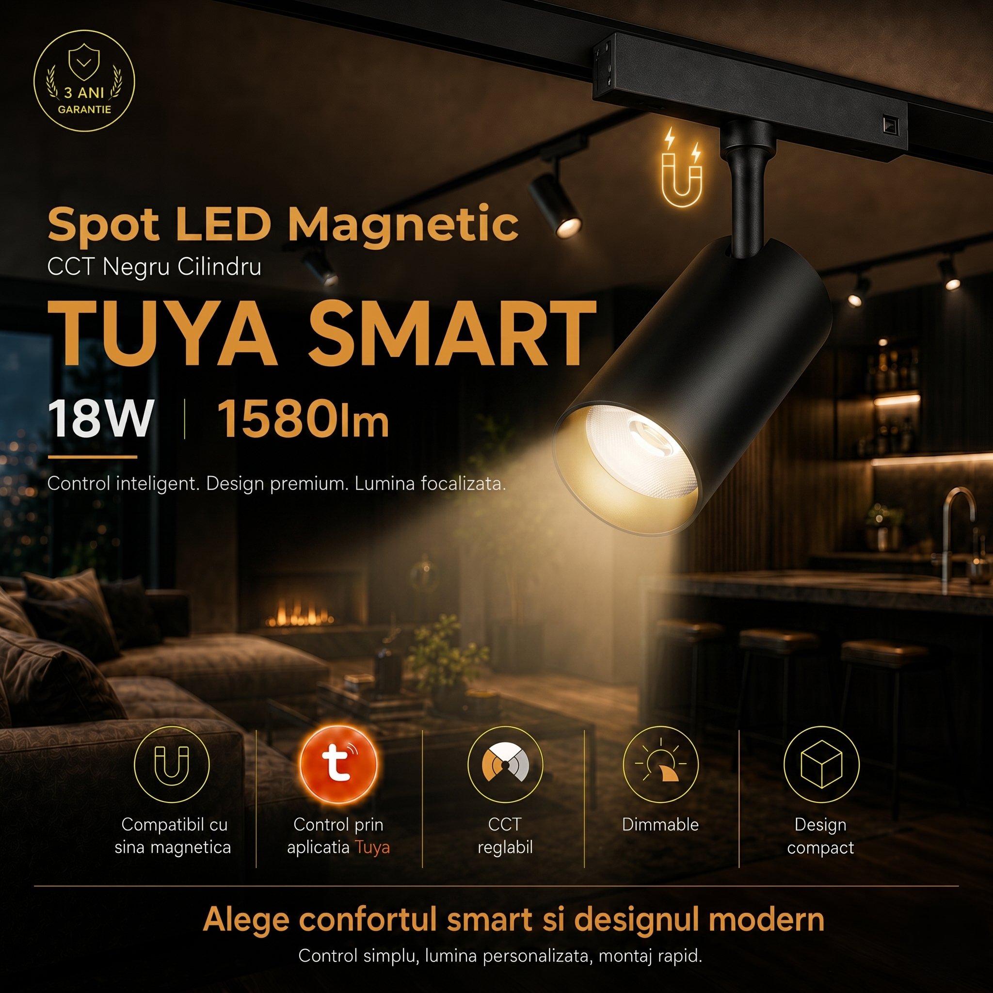 Spot LED Magnetic CCT Negru Cilindru TUYA SMART 18W 1580lm