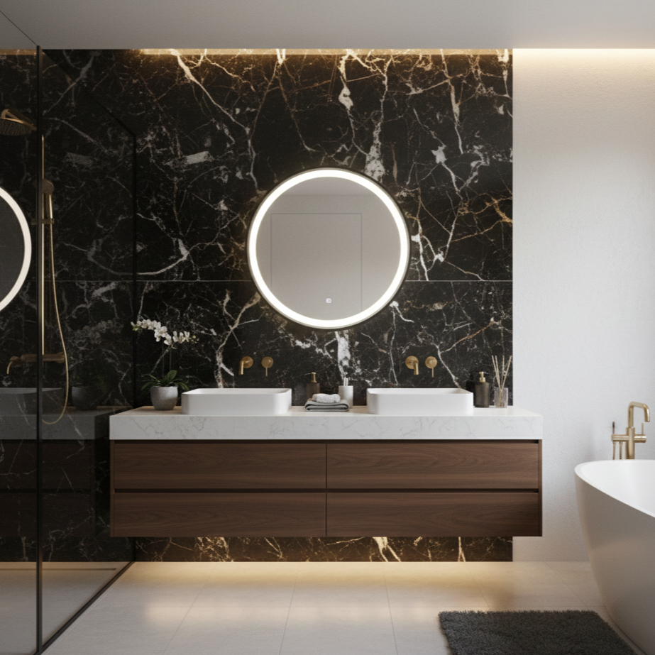 Oglinda LED Novara Compact Black - Rama Neagra, 50 cm, 3 Lumini, Dezaburire, Ceas și Temperatura