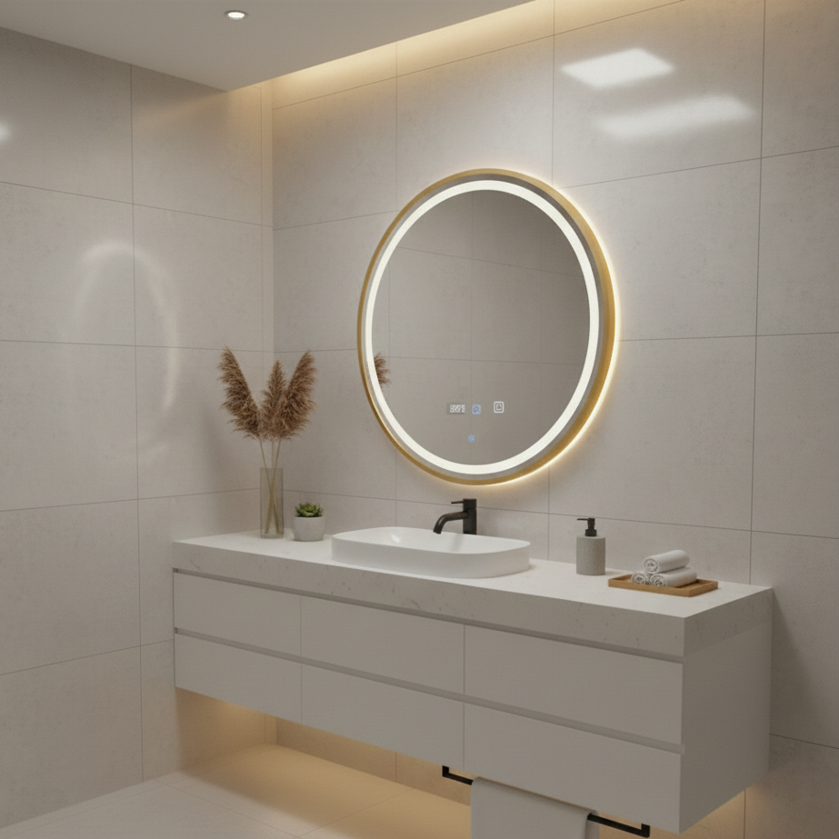 Oglinda LED Rotunda AURA Rama Aurie 70cm Functie Dezaburire, Touch si 3 Lumini