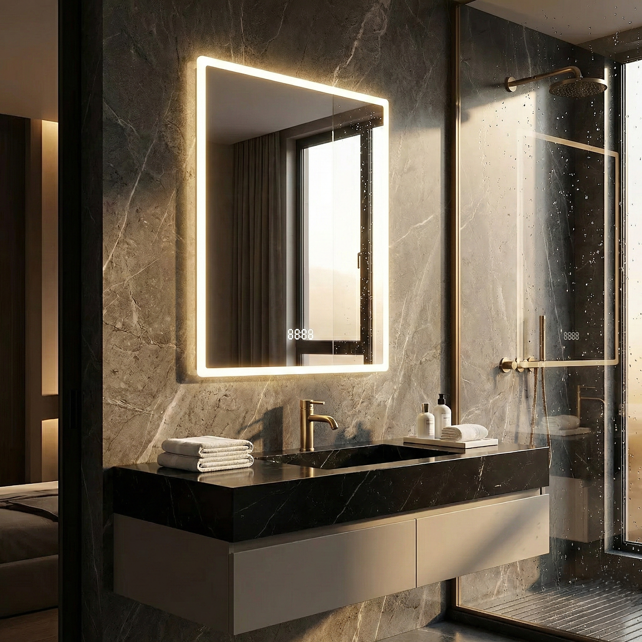 Oglinda LED TRIVENZA - 60x80 cm 3 Lumini, Senzor, Dezaburire si Ceas