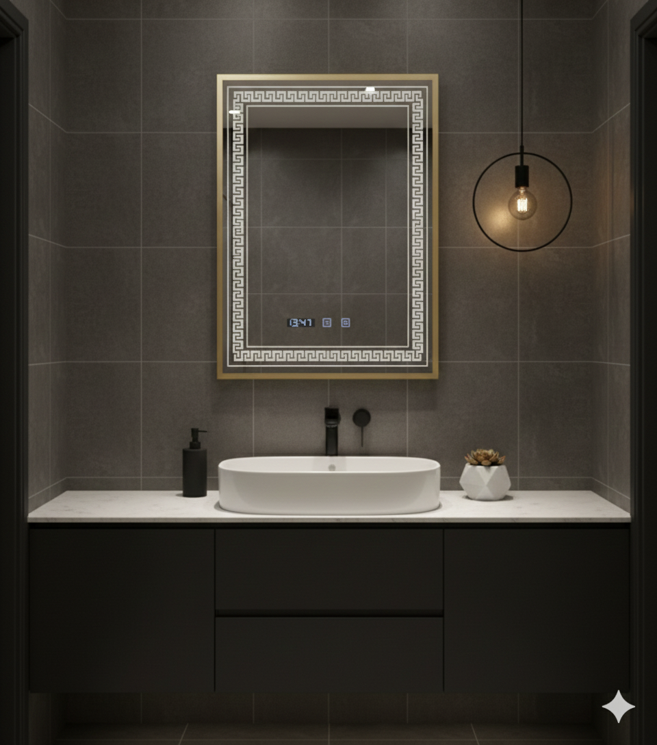 Oglinda LED Bruno Gold Luxury - Rama Aurie, 3 Lumini, Touch, Dezaburire, Ceas si Temperatura, 60x80 cm