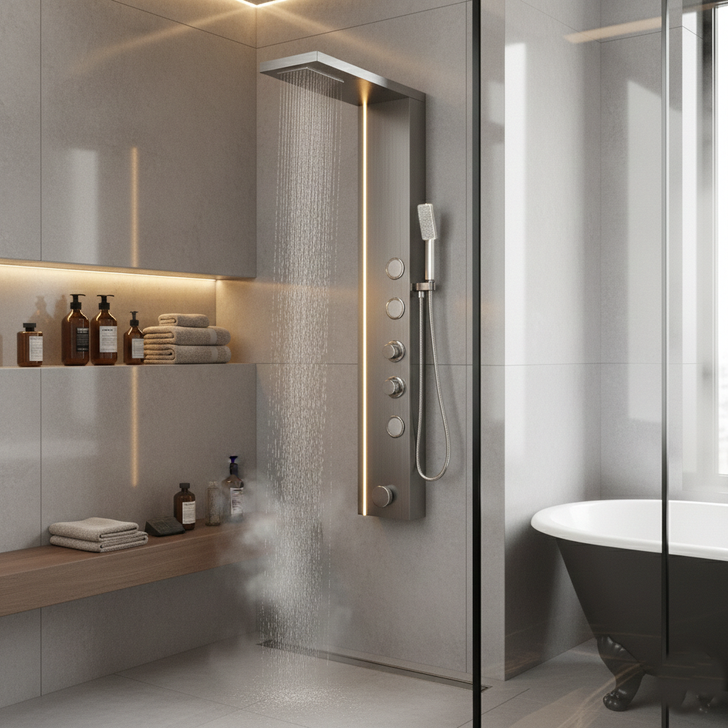 Panou de Dus Premium Gray AquaElysium - LED, Masaj, Cascada