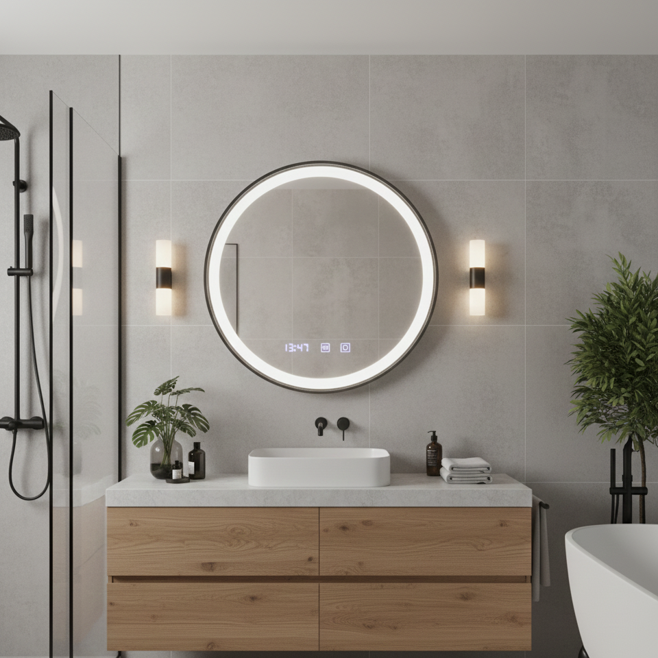 Oglinda LED Novara Round Black - Diametru 70 cm, Rama Neagra, 3 Tipuri de Lumina, Dezaburire si Ceas