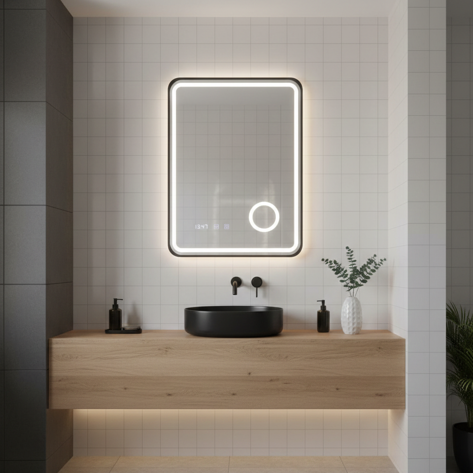 Oglinda LED Ulrich - Rama Neagra, 3 Lumini, Lupa Cosmetica, Dezaburire, Ceas si Temperatura, 60x80 cm