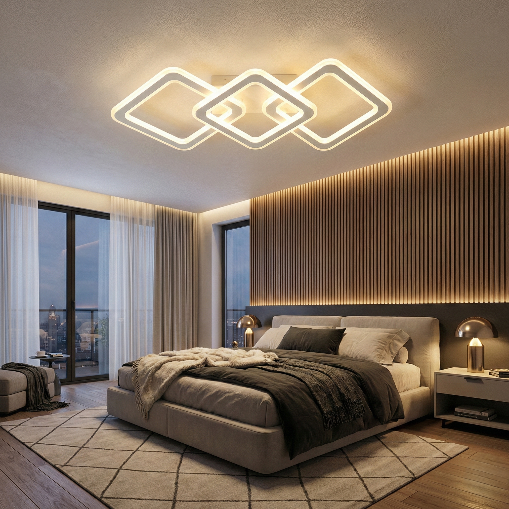 Lustra LED Triple Square GRIDLINE Alba Echivalent 600W Telecomanda