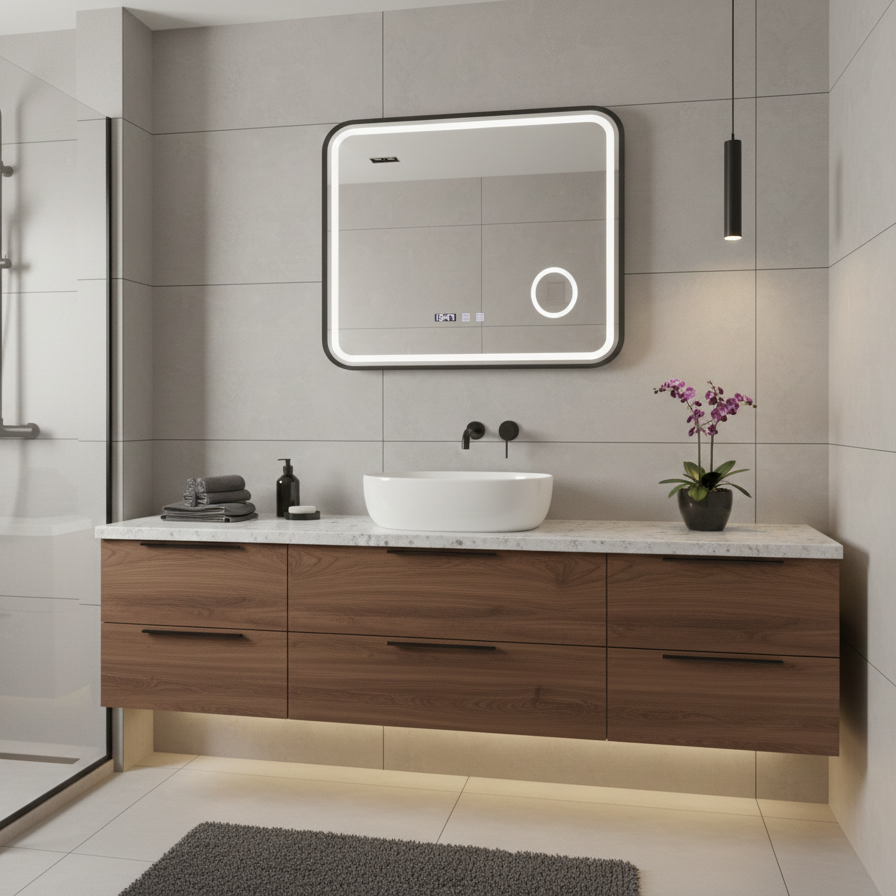 Oglinda LED Bernd Black Multi-Tech - Rama Neagra, 80x60 cm, 3 Tipuri de Lumina, Lupa Cosmetica si Dezaburire