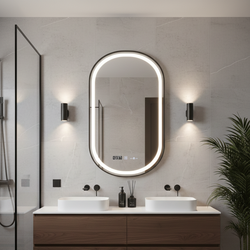 Oglinda LED Helmut Black – 50x80 cm 3 Lumini, Senzor, Rama Neagra, Dezaburire si Ceas