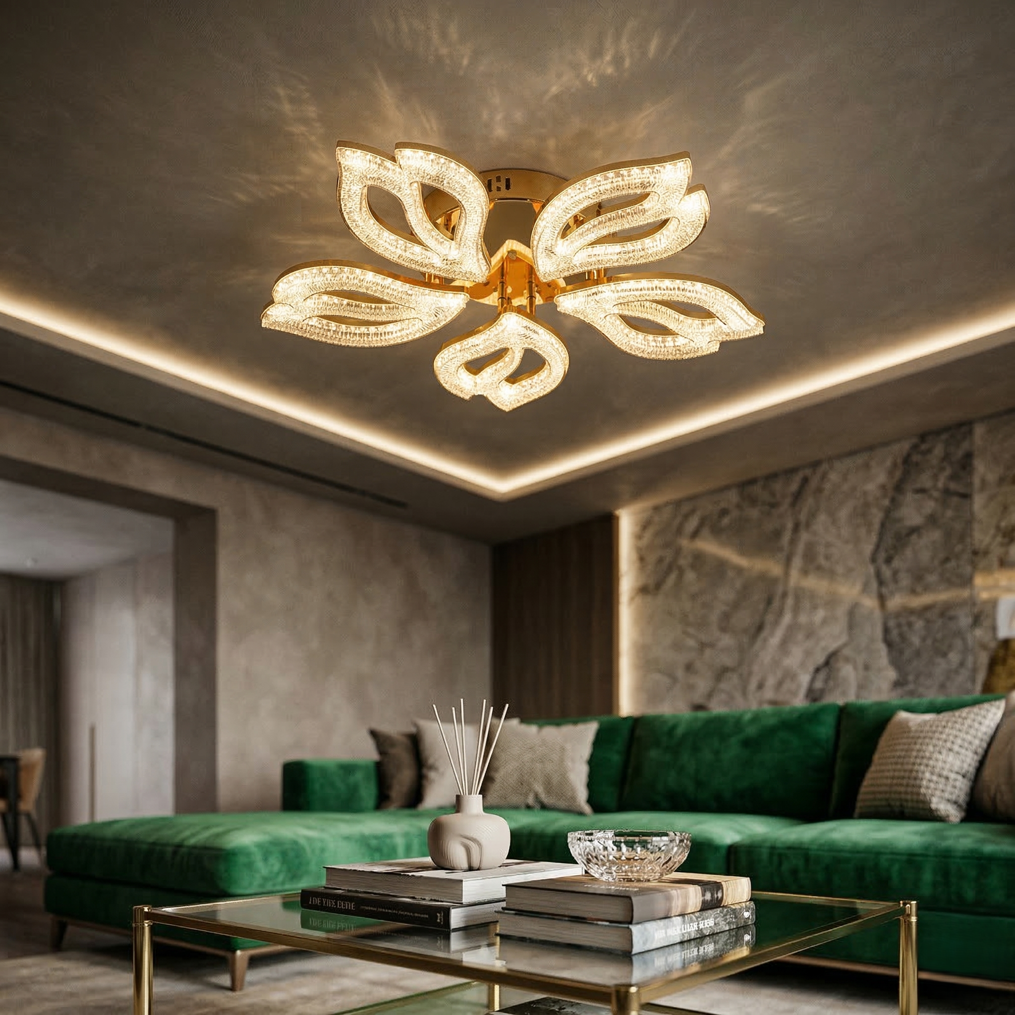 Lustra LED ANEMONE Sparkle Gold Echivalent 600W Telecomanda