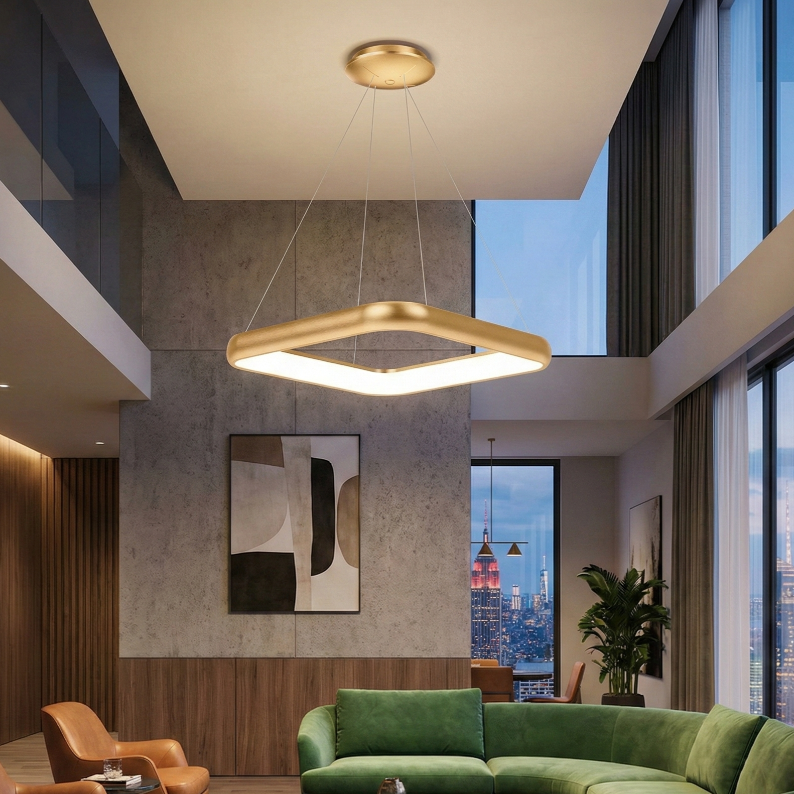 Lustra LED Suspendata BELLA Gold Square, 3 Lumini din buton Echivalent 500W