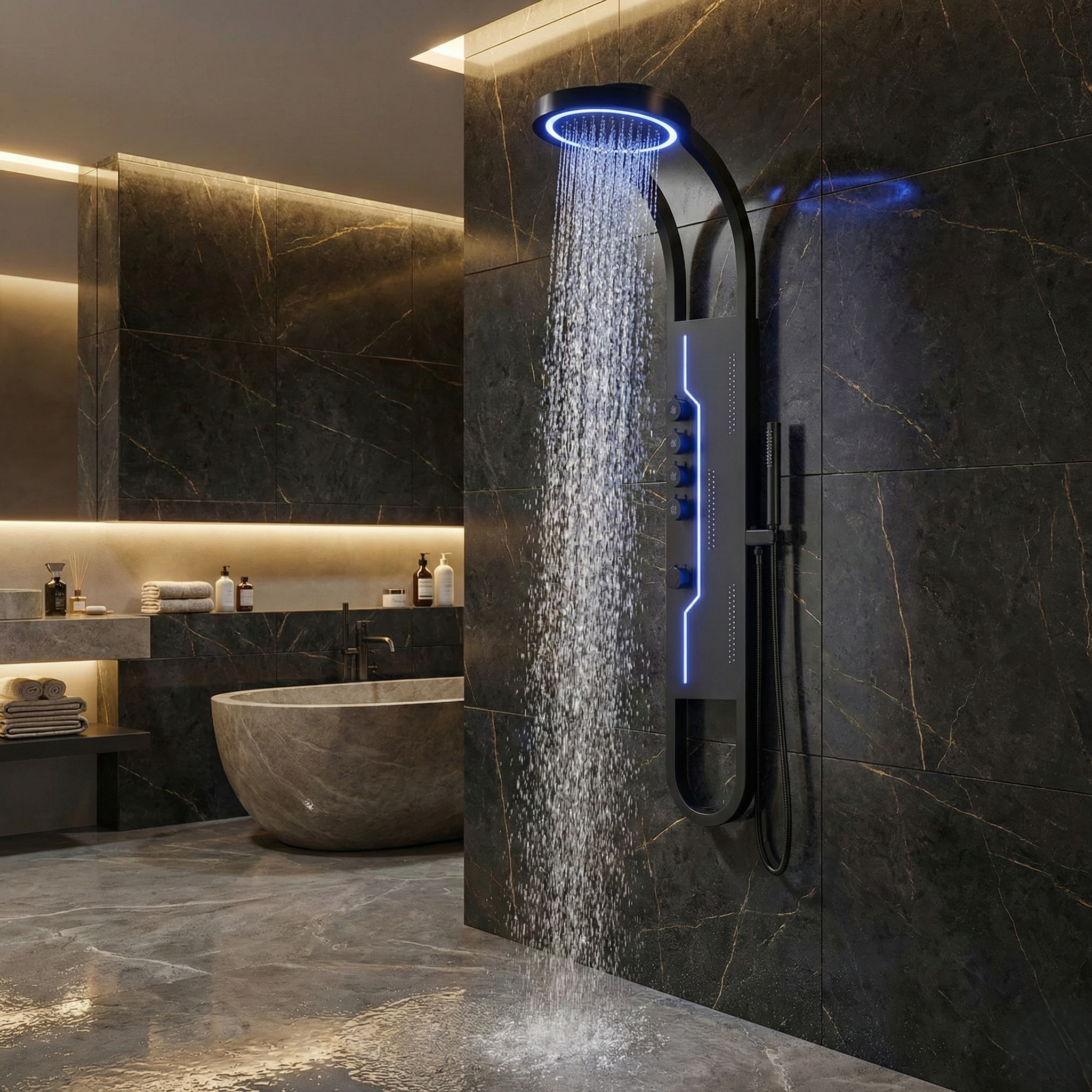 Panou de Dus Premium Black LunarFlow - LED, Masaj, 146CM