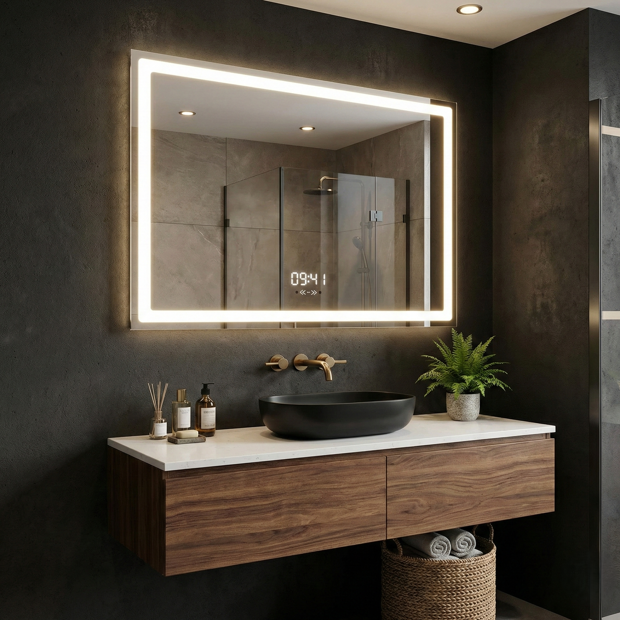 Oglinda LED CORTELLA - 80x60cm Dezaburire si Ceas, Senzor, 3 Lumini