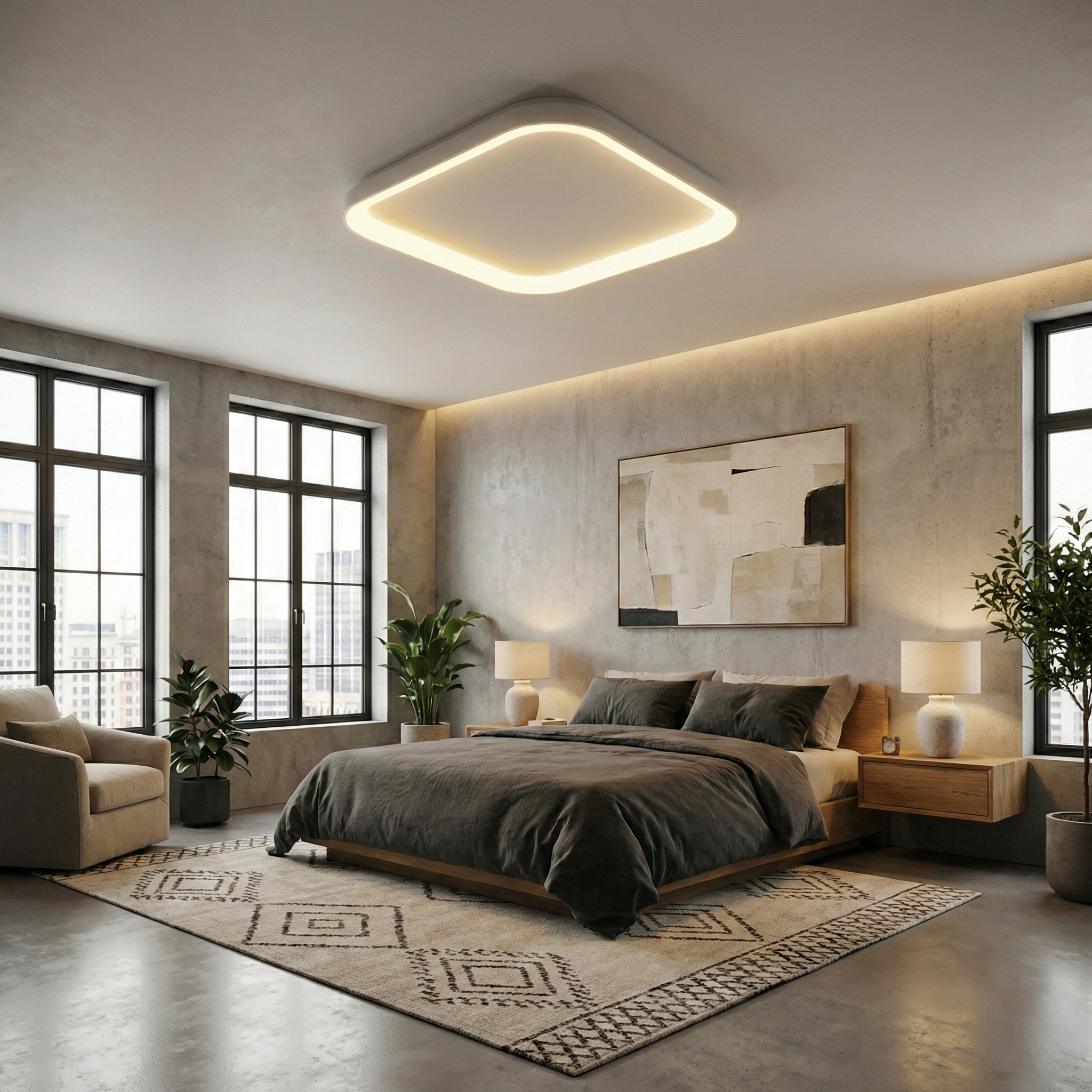 Plafoniera LED BELLA White Square 48cm Echivalent 400W 3 Lumini din Buton