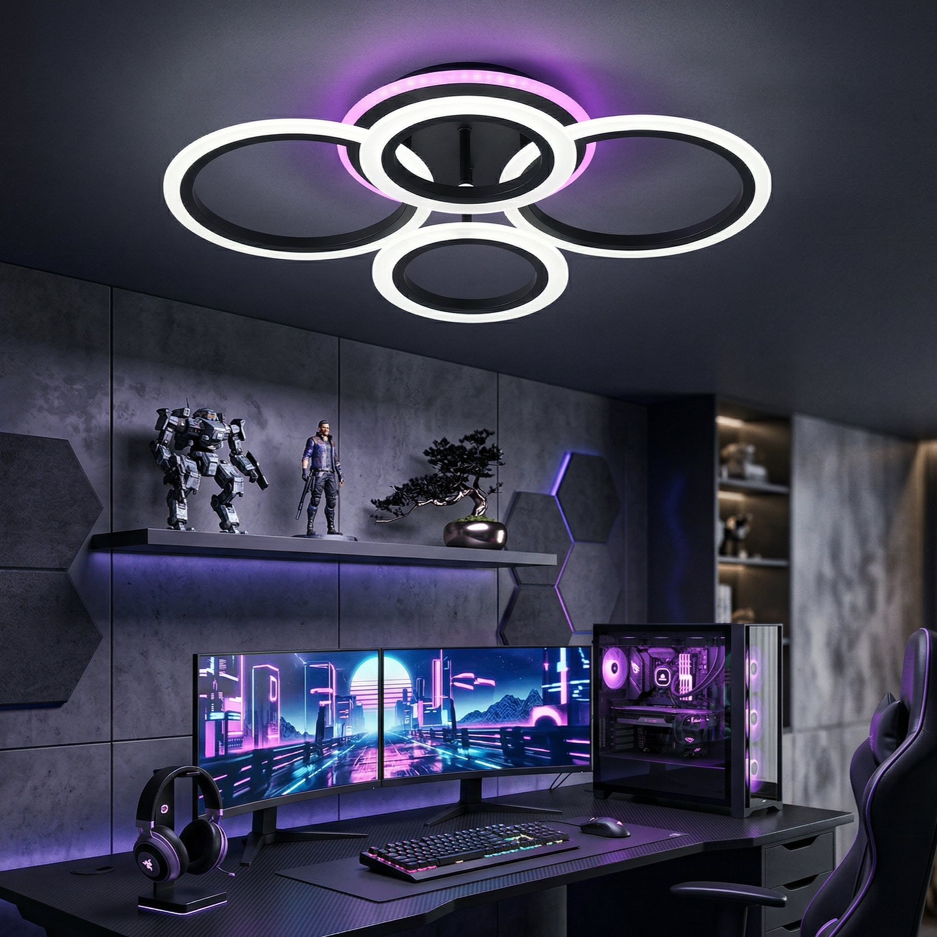 Lustra LED 4 Circle RGB BLACK Echivalent 500W Telecomanda