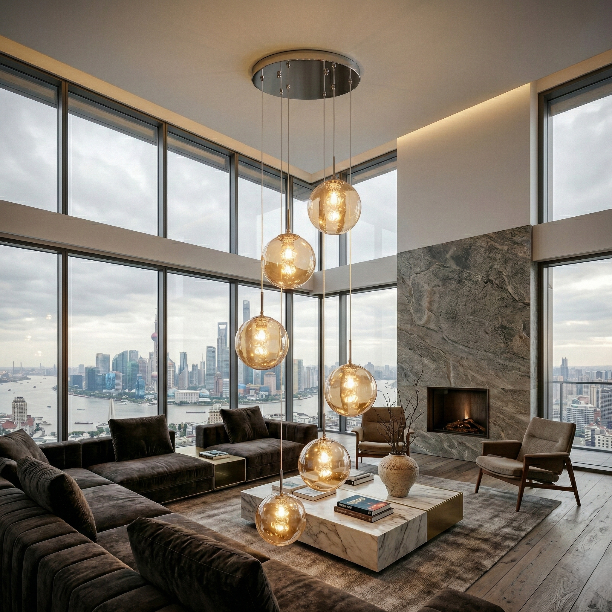 Lustra Suspendata LIMA Silver Abajur Transparent 6xG9