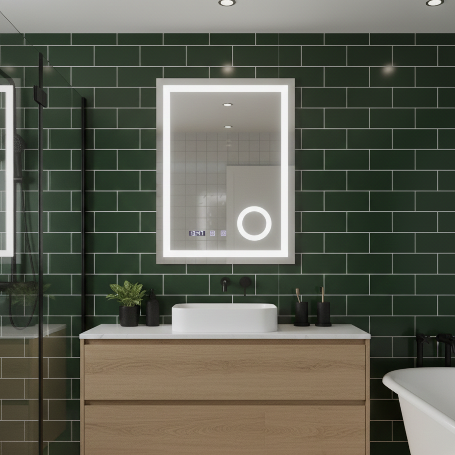 Oglinda LED Nivera - 60x80 cm 3 Lumini, Touch Screen, Lupa Cosmetica, Dezaburire si Ceas