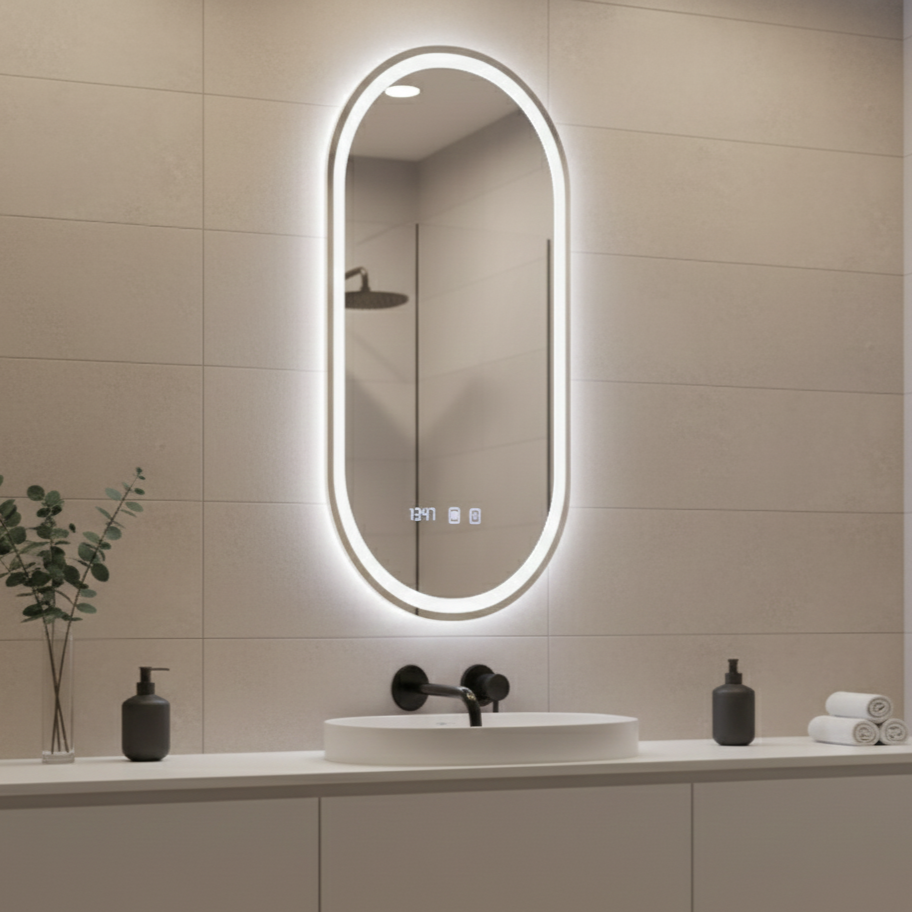 Oglinda LED Oro Oval Premium - Touch, Dezaburire si Ceas 50x80cm