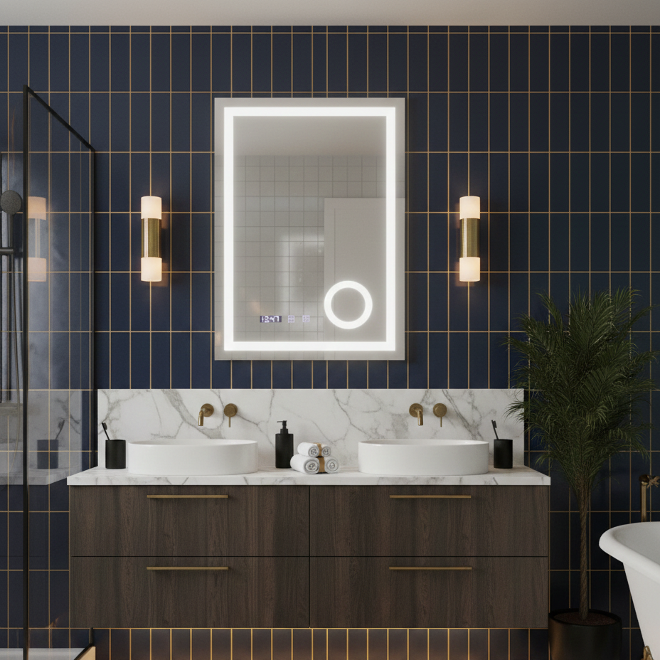 Oglinda LED Nivera - 60x80 cm 3 Lumini, Touch Screen, Lupa Cosmetica, Dezaburire si Ceas