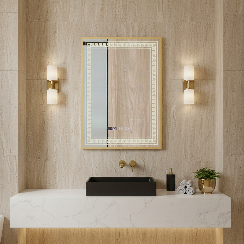 Oglinda LED Bruno Gold Luxury - Rama Aurie, 3 Lumini, Touch, Dezaburire, Ceas si Temperatura, 60x80 cm