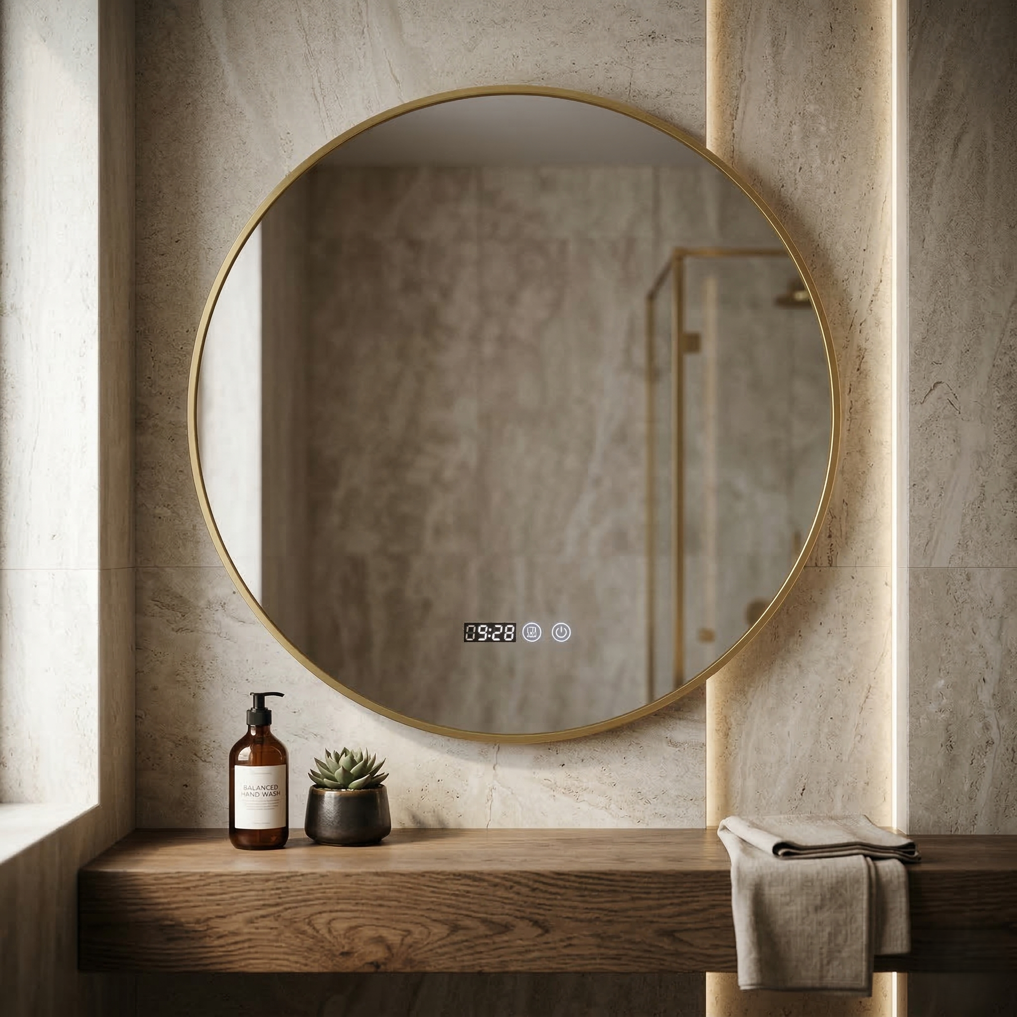 Oglinda LED Rotunda 80cm Rama Aurie, Ceas, Temperatura, Touch si 3 Lumini