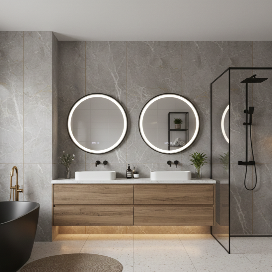 Oglinda LED Novara Compact Black - Rama Neagra, 50 cm, 3 Lumini, Dezaburire, Ceas și Temperatura