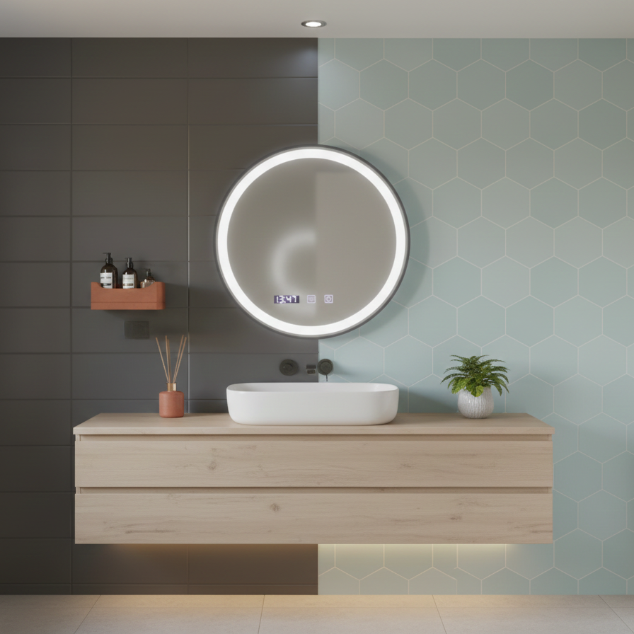 Oglinda LED Novara Black Giant – Rama Neagra, 90 cm, 3 Functii de Lumina, Dezaburire, Ceas si Temperatura