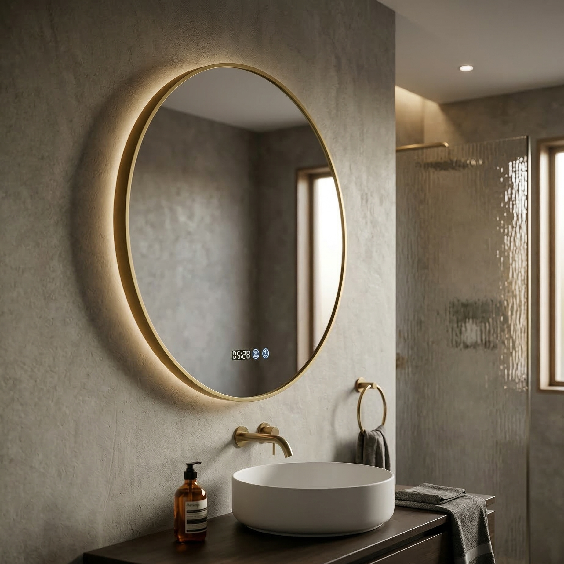Oglinda LED Rotunda 80cm Rama Aurie, Ceas, Temperatura, Touch si 3 Lumini