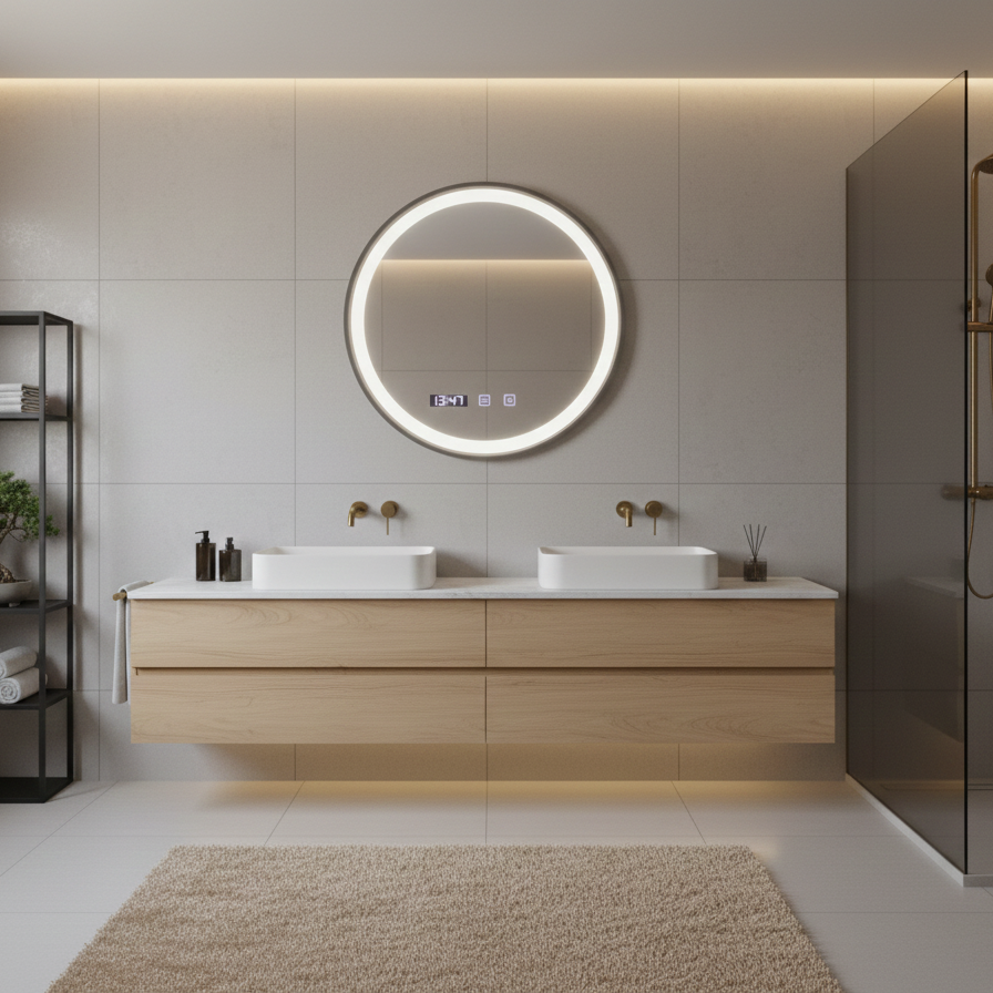 Oglinda LED Novara Black Giant – Rama Neagra, 90 cm, 3 Functii de Lumina, Dezaburire, Ceas si Temperatura