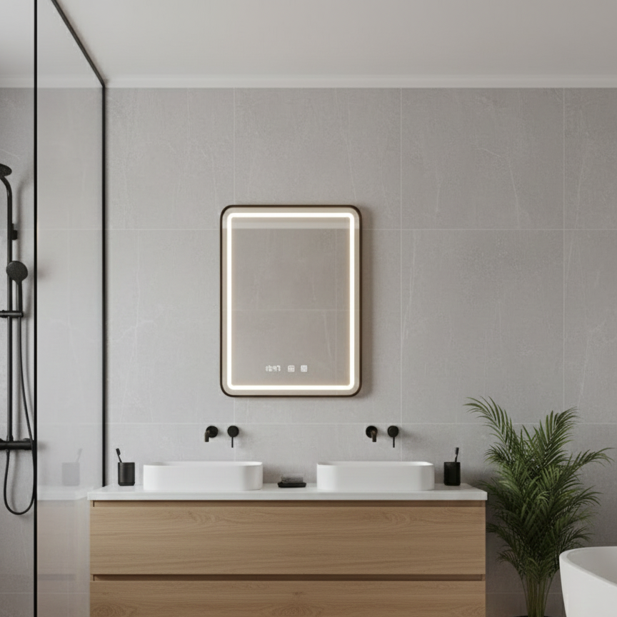 Oglinda LED Lucida Black Frame - 60x80 cm, Rama Neagra, 3 Tipuri de Lumina, Dezaburire si Ceas