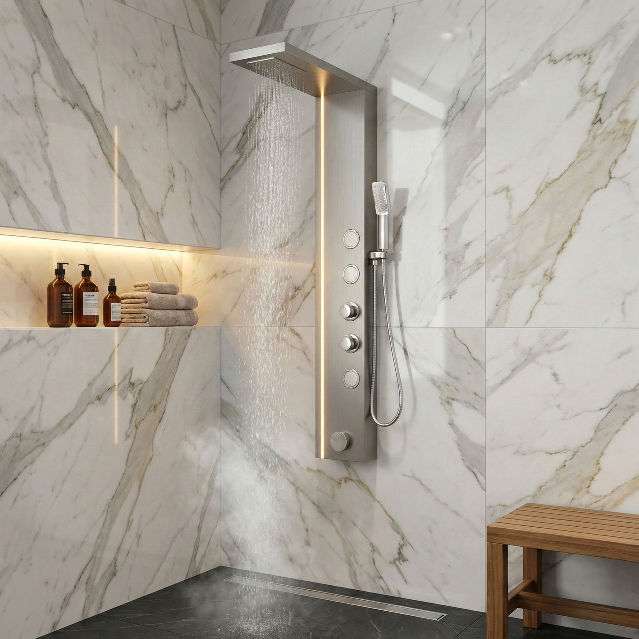 Panou de Dus Premium Gray AquaElysium - LED, Masaj, Cascada