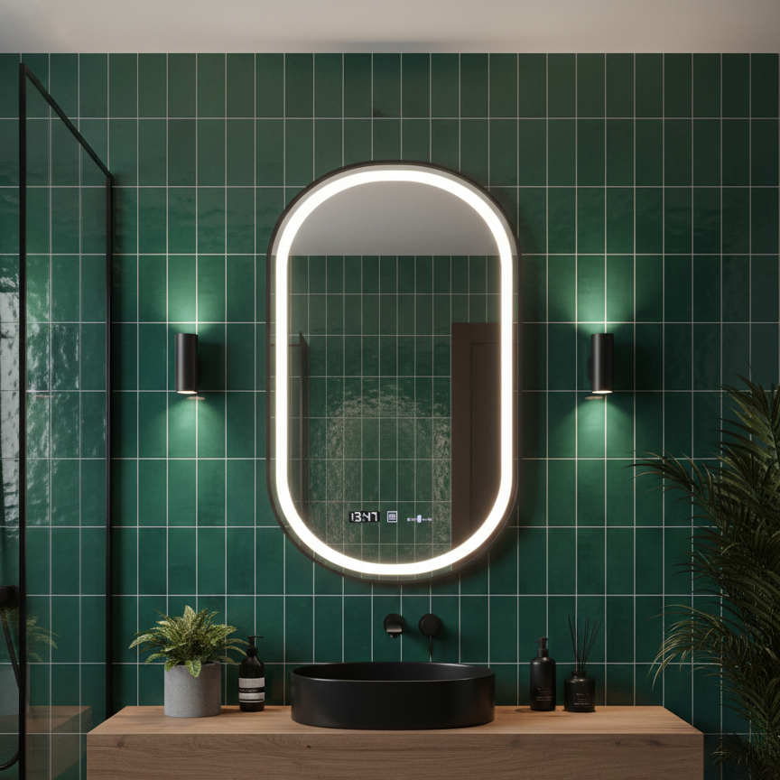 Oglinda LED Helmut Black – 50x80 cm 3 Lumini, Senzor, Rama Neagra, Dezaburire si Ceas