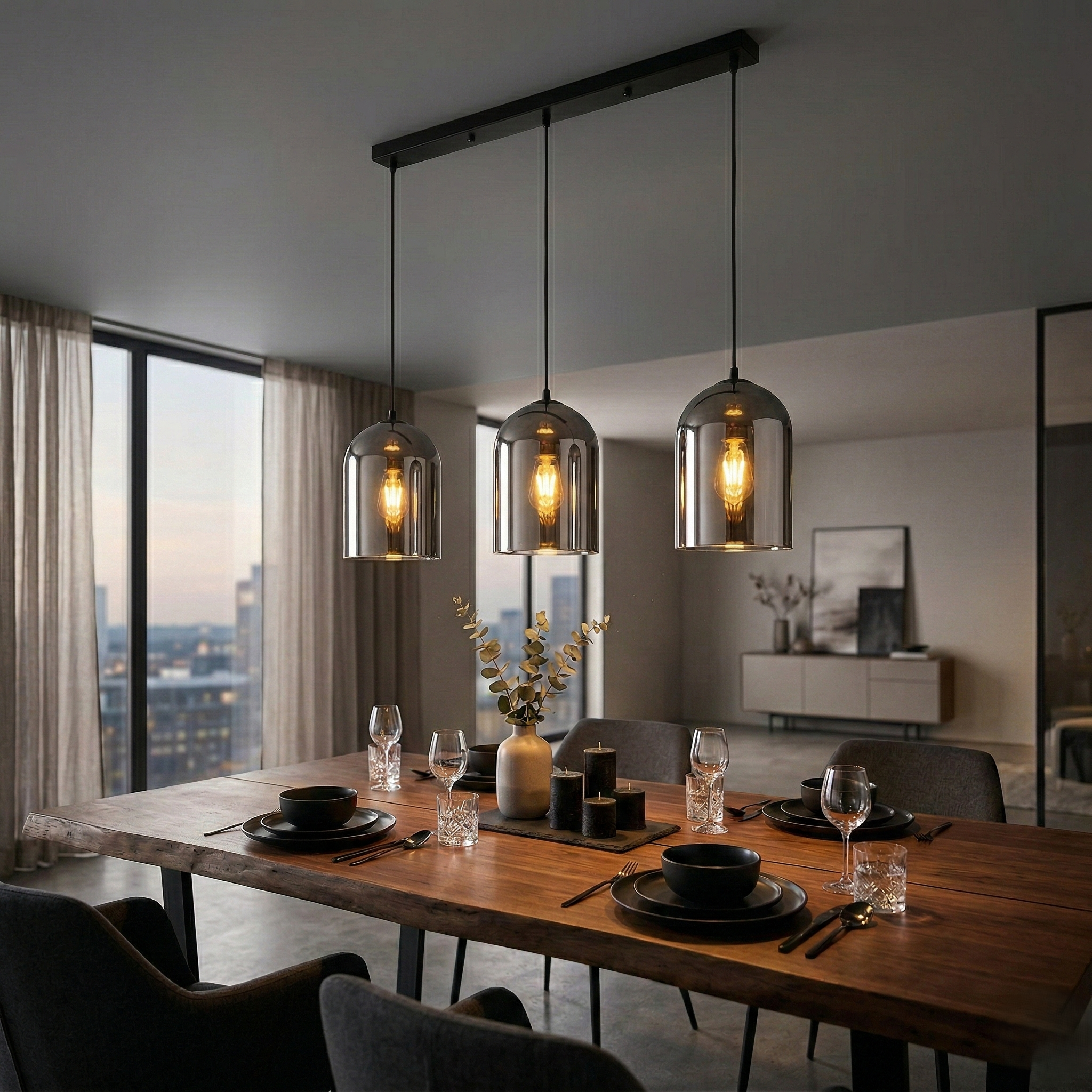 Lustra Liniara Smokey Negru Abajur Fumuriu 3xE27