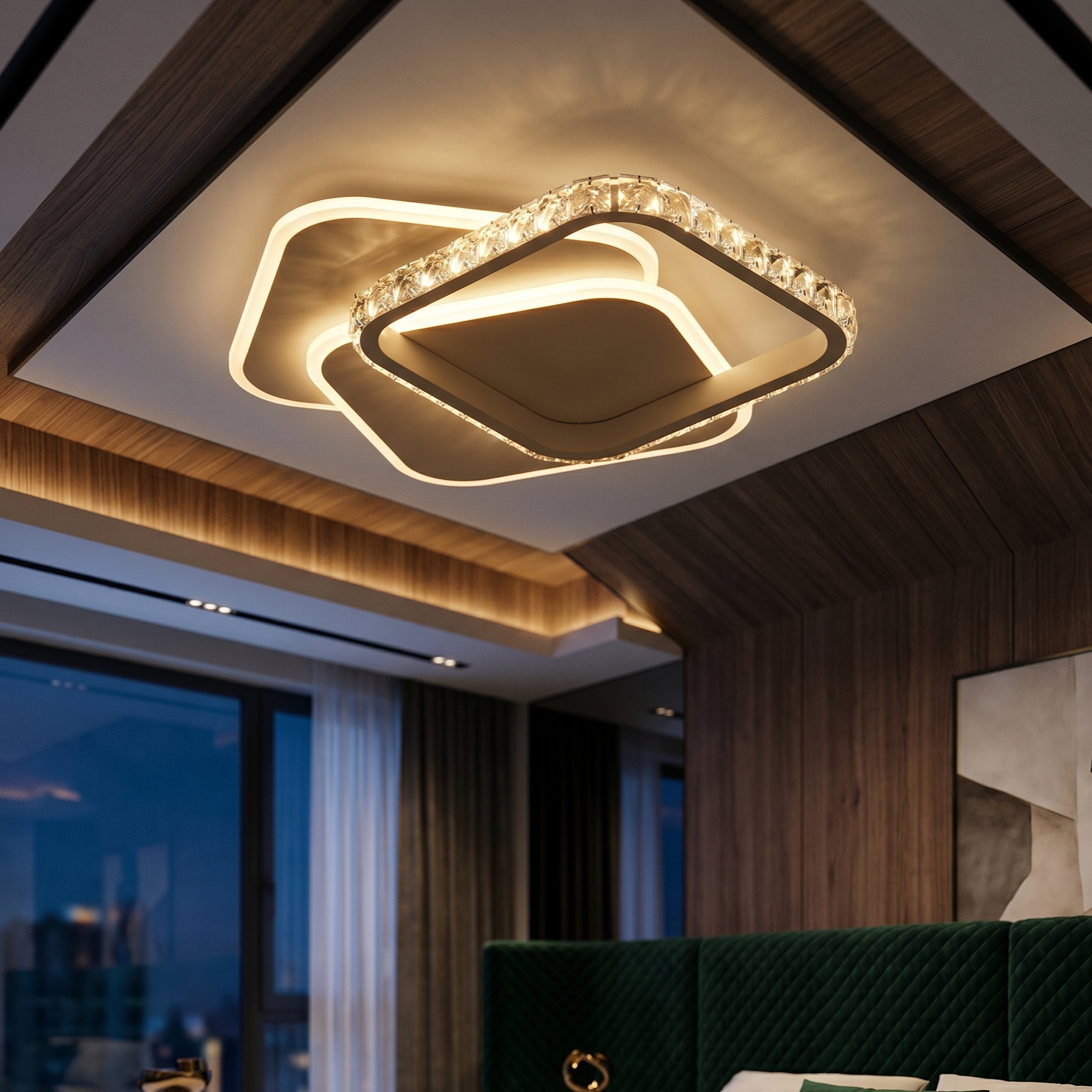 Lustra LED SQUARES Cristal 48cm Echivalent 800W Telecomanda