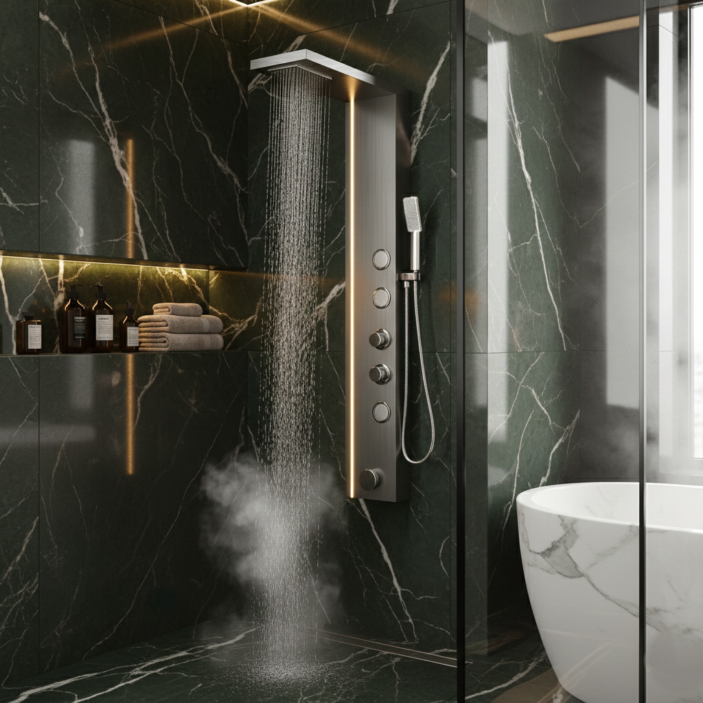Panou de Dus Premium Gray AquaElysium - LED, Masaj, Cascada