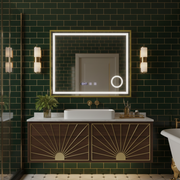 Oglinda LED Clarus Gold - 80x60 cm 3 Lumini, Rama Aurie, Lupa Cosmetica , Dezaburire si Ceas