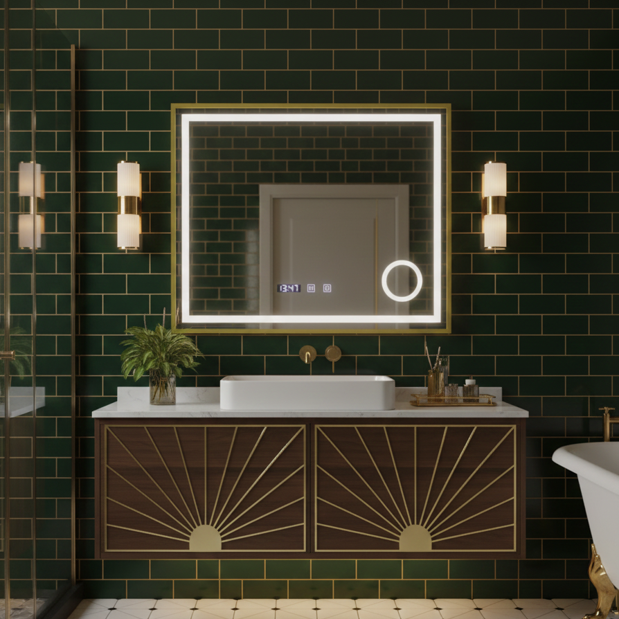 Oglinda LED Clarus Gold - 80x60 cm 3 Lumini, Rama Aurie, Lupa Cosmetica , Dezaburire si Ceas