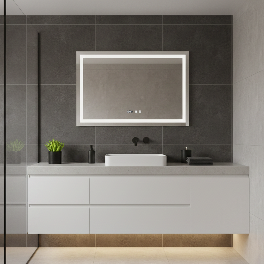 Oglinda LED Modena Smart Orizontala - 80x60 cm, Frameless, 3 Tipuri de Lumina, Dezaburire si Ceas