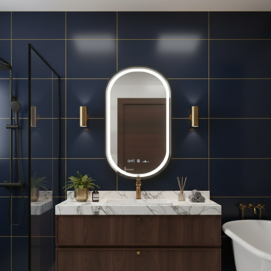 Oglinda LED Helmut Black – 50x80 cm 3 Lumini, Senzor, Rama Neagra, Dezaburire si Ceas