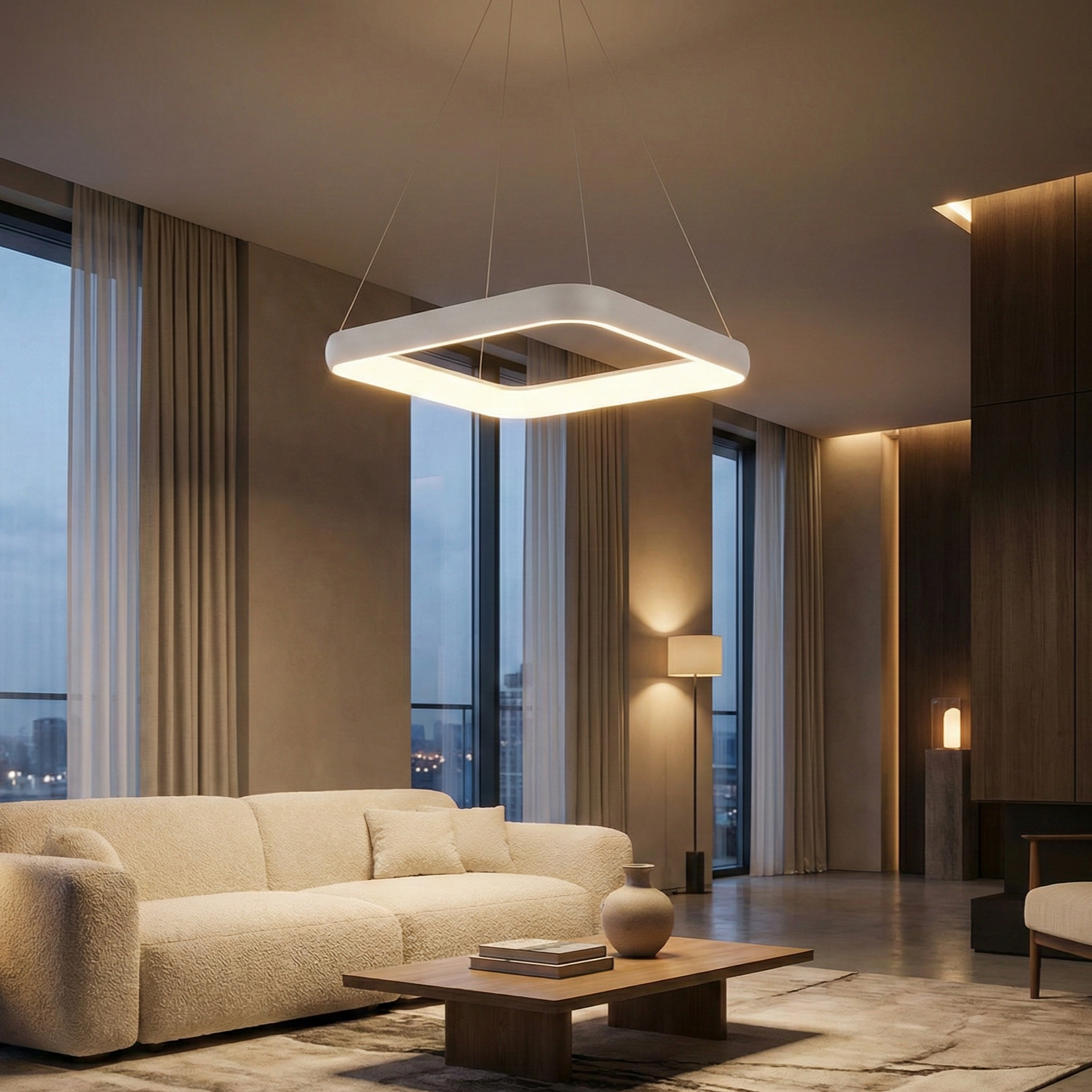 Lustra LED Suspendata BELLA White Square, 3 Lumini din buton Echivalent 500W