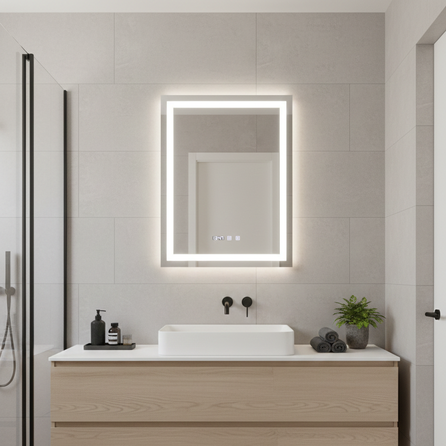 Oglinda LED Modena Smart Vertical - 60x80 cm, 3 Tipuri de Lumina, Dezaburire, Ceas si Temperatura