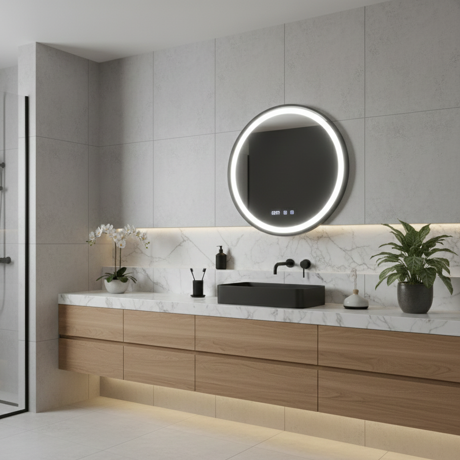 Oglinda LED Novara Compact Black - Rama Neagra, 50 cm, 3 Lumini, Dezaburire, Ceas și Temperatura