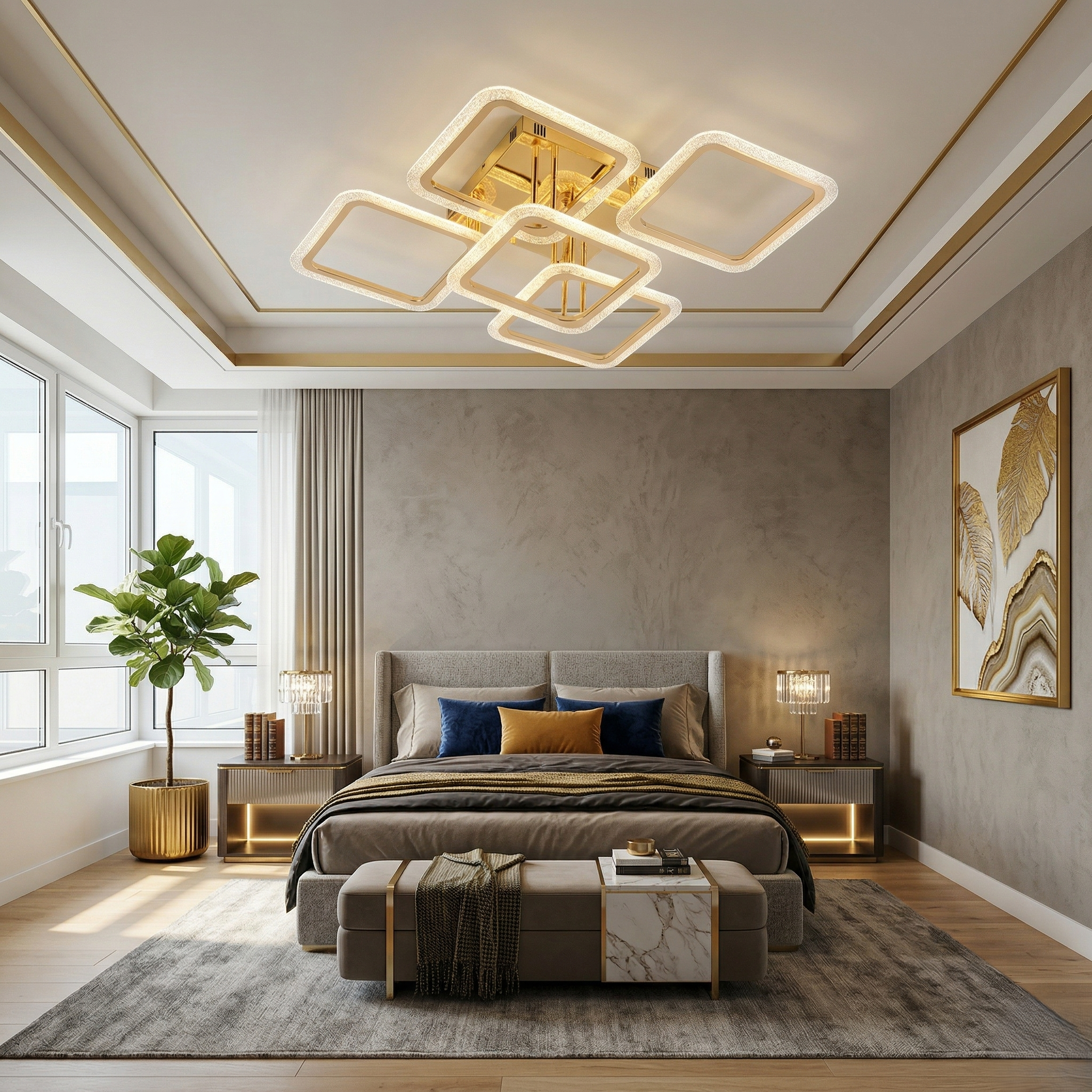 Lustra LED Brevia 3+2 Diamond Gold Echivalent 600W Telecomanda