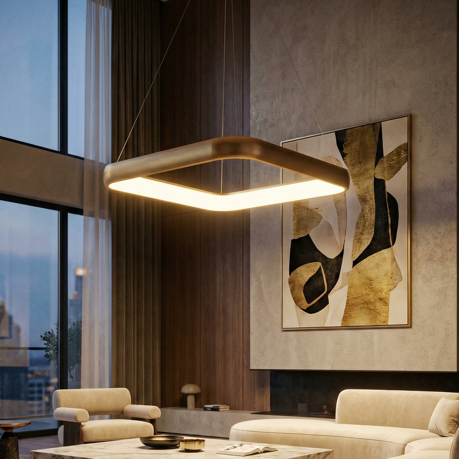 Lustra LED Suspendata BELLA Gold Square, 3 Lumini din buton Echivalent 500W