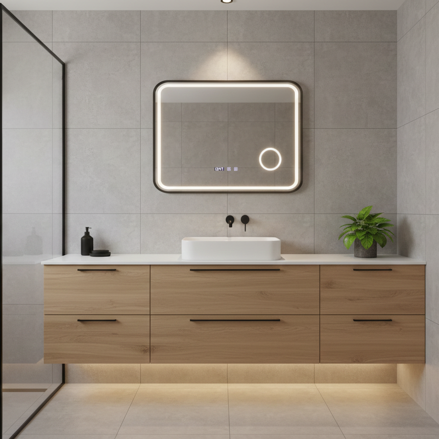 Oglinda LED Bernd Black Multi-Tech - Rama Neagra, 80x60 cm, 3 Tipuri de Lumina, Lupa Cosmetica si Dezaburire