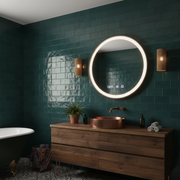 Oglinda LED Novara Round Black - Diametru 70 cm, Rama Neagra, 3 Tipuri de Lumina, Dezaburire si Ceas