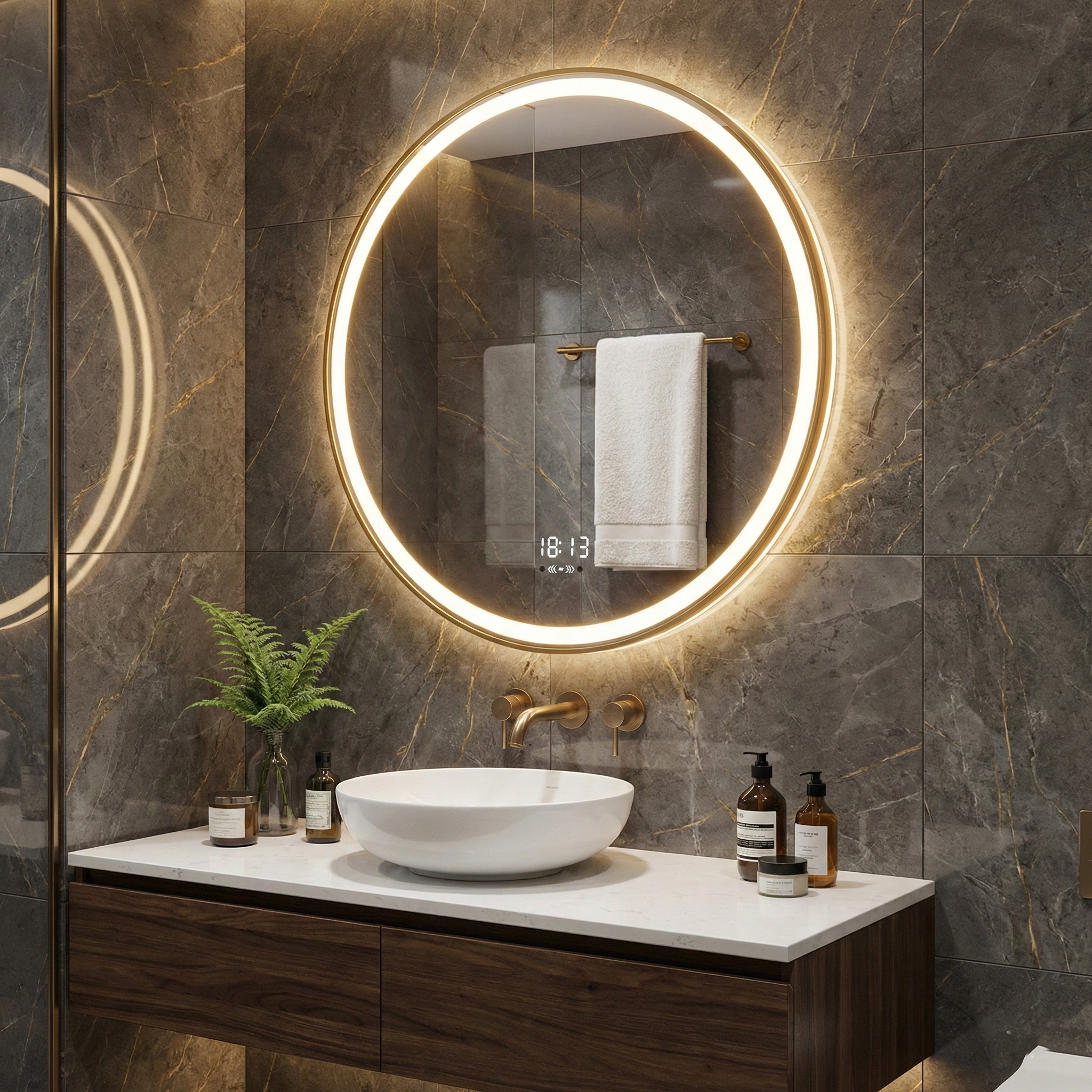 Oglinda LED Rotunda LAZORA 60CM cu Dezaburire, Senzor si 3 Lumini