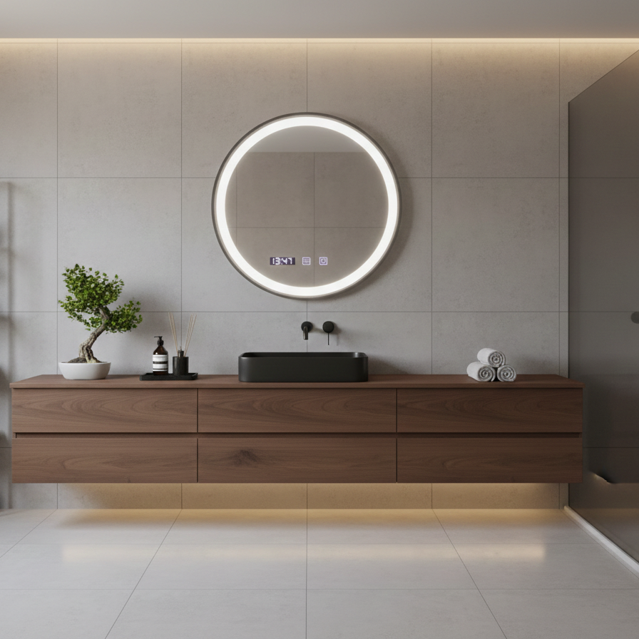 Oglinda LED Novara Black Giant – Rama Neagra, 90 cm, 3 Functii de Lumina, Dezaburire, Ceas si Temperatura